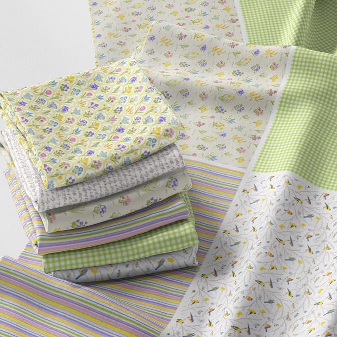 Patchwork Fabric Panel 100x155 cm, 100% Cotton Satin, 6 Coordinated Spring Floral & Bird Patterns, Soft Green Pastel Quilting & Sewing Fabric (Spring Garden, 6pcs 50x50cm)
