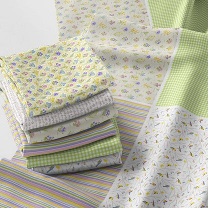 Patchwork Fabric Panel 100x155 cm, 100% Cotton Satin, 6 Coordinated Spring Floral & Bird Patterns, Soft Green Pastel Quilting & Sewing Fabric (Spring Garden, 6pcs 50x50cm)
