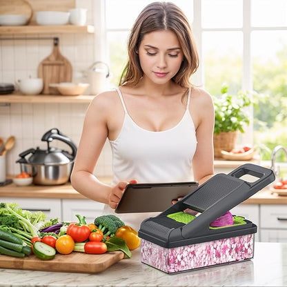 StoreHappily 12-in-1 Vegetable Chopper, 7 Blades Veggie Chopper with Container and Lid, Dicer, Slicer, Multifunctional Kitchen Gadgets, Vegetable Cutter with Handle, Onion Cutter(Green/Grey)