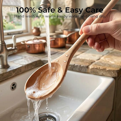 HANSGO 10 Inch Wooden Spoons for Cooking, 3PCS European Beech Wood Mixing Spoons, Heat Resistant, Non-Scratch for Nonstick Pans & Soup Pots, Ideal for Home Kitchen Stirring, Serving & Baking