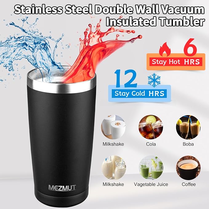 MEZMUT 20oz Tumbler Coffee Travel Mug with Lid and Straw, 4 Pack Stainless Steel Double Wall Vacuum Spill Proof Insulated Tumbler, Hot or Iced Coffee Cups for Drinks (4Pcs, Black)