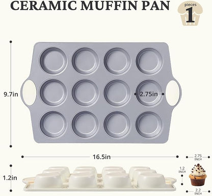 BRONYPRO 12-Cup Non Toxic Nonstick Ceramic Muffin Pan & Cupcake Tin, PFOA & PFOA Free, Heavy Duty Rust-Resistant Aluminized Steel, Oven Safe, Cream White