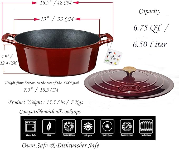 La Cuisine Enameled Cast Iron Oval Dutch Oven Casserole Dish Pot with Lid 6.75 QT Internal Matt Black Enamel Coating for bread baking, Gold-Plated Stainless Steel Lid Handle, Oven Safe up to 500° F. Cranberry