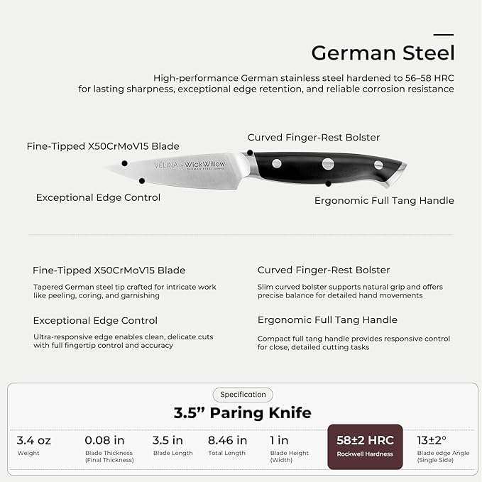 WICKWILLOW 3.5 Inch Paring Knife - Razor Sharp German Steel - Small Kitchen Knife for Home Cooks - Peeling, Trimming & Precision Work - Full Tang & Ergonomic Handle - Gift Box - Velina Series