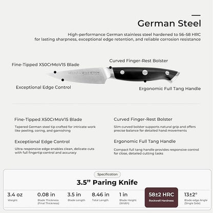 WICKWILLOW 3.5 Inch Paring Knife - Razor Sharp German Steel - Small Kitchen Knife for Home Cooks - Peeling, Trimming & Precision Work - Full Tang & Ergonomic Handle - Gift Box - Velina Series
