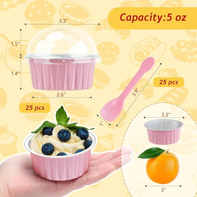 5oz Mini Cake Pans with Lids 25 Pack, Foil Muffin Tin Small Baking Cups, Disposable Cupcake Containers Creme Brulee Ramekins Cupcake Liners for Bake Sales Valentines-Pink
