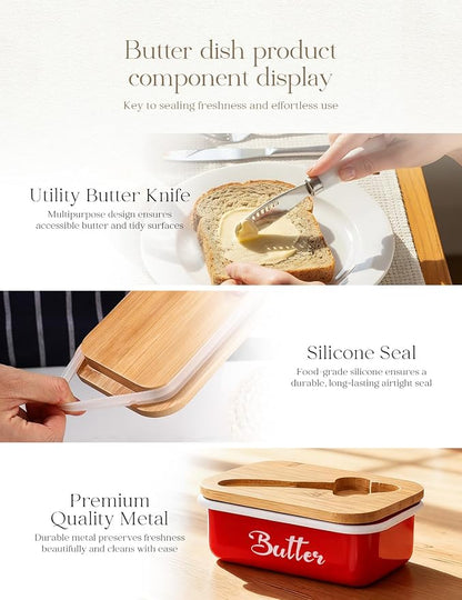 Butter Dish, Butter Dish with Lid for Countertop,Metal Butter Keeper with Stainless Steel Multipurpose Butter Knife, Large Butter Container with quality Silicone Good Kitchen Gift,Red