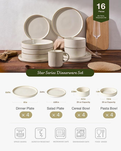 Famiware Star 16-Piece Stoneware Dinnerware Sets with Trim, Service for 4 - Shallow Pasta Bowls & Flat Plates, Modern Rustic Ribbed Dishes, Chip & Scratch Resistant, Microwave & Dishwasher Safe, White