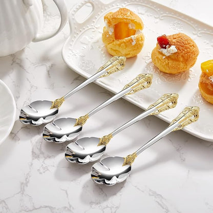 KEAWELL Premium Luxury 4-Piece 6" Tea Spoon Set, 18/10 Stainless Steel, Vintage Coffee Espresso Demitasse Spoons, Smooth Edges, Dishwasher Safe (Gold Accent)