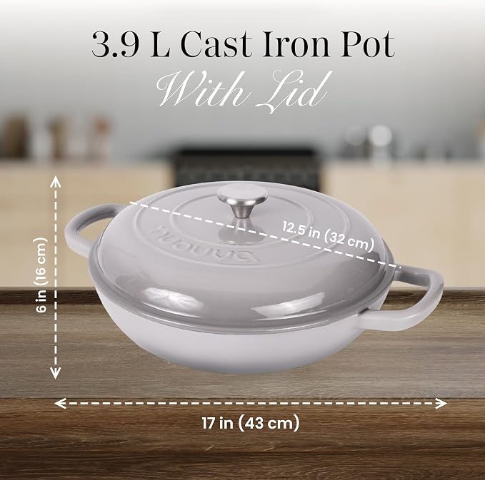 Shallow Cast Iron Casserole with Lid – Non Stick Dutch Oven Pot, Oven Safe up to 500° F – Sturdy Ovenproof Stockpot Cookware – Enamelled Cooking Pot – Grey, 5-Quart, 32cm – by Nuovva