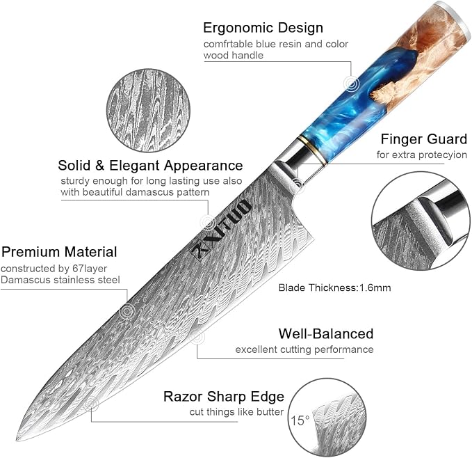 XITUO VG10 Damascus Steel 4-Piece Japanese Chef Knife Set, Blue Resin & Wood Handle, 8" Chef Knife, 8" Bread Knife, 6" Boning Knife, 5" Utility Knife, Gift Box