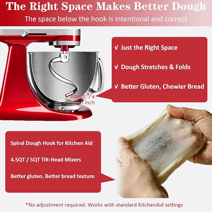 Stainless Steel Spiral Dough Hook for KitchenAid 4.5-5 Quart Tilt-Head Stand Mixer, Dishwasher Safe & Rust-Proof Bread Hook for K45, K45SS, KSM75, KSM90, KSM150 | Long-lasting No chipping or peeling — safer for food contact Easy to clean