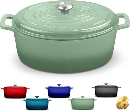 ROSSALLINI Signature Enameled Cast Iron Oval Dutch Oven | Non-Stick Serving Pot with Tight Fitting Lid for Perfect Roasting, Baking, Sauteing, and Bread Making | 9.5Q [Sage]