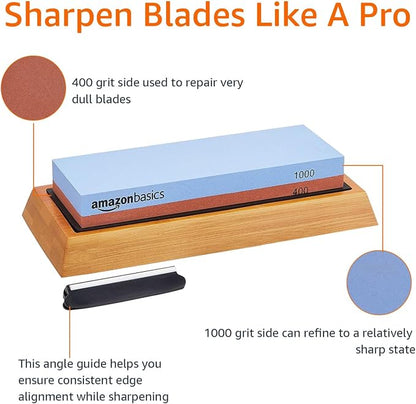 Amazon Basics Dual Sided Whetstone Knife Sharpening Stone 400/1000 Grit with Angle Guide, Non-Slip Bamboo Base, Black & Grey