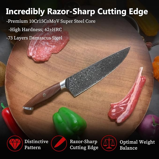 Kitory Chef Knife 8 Inch 73-Layer Damascus HC Steel Core Full Tang Red Sandalwood Handle Kitchen Knife Gift Box