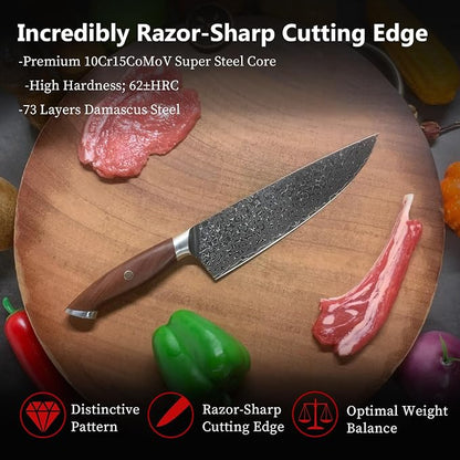 Kitory Chef Knife 8 Inch 73-Layer Damascus HC Steel Core Full Tang Red Sandalwood Handle Kitchen Knife Gift Box