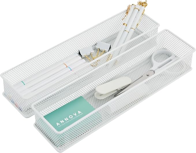 Annova Mesh Stackable Drawer Cabinet and Shelf Organizer Bins Storage Basket School Office Supply Holder Tray- Set of 2 (White, 3x12x2 Inch)