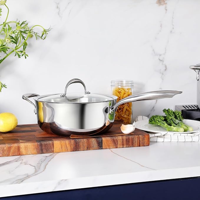 KEAWELL K3 Premium 4-Quart Tri-Ply Fully Clad Stainless Steel Sauté Pan with Lid, Induction & Oven Safe up to 600°F, Even Heating, Professional Cookware for All Stovetops (4-Qt)