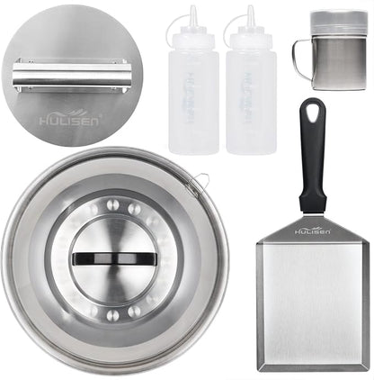 HULISEN Smashed Burger Kit, Burger Press, 12 Inch Basting Cover, Grill Spatula, Spice Dredge Shaker and 2 Squeeze Bottles - Griddle Accessories Kit for Flat Top Griddle Grill Cooking, Gift Package