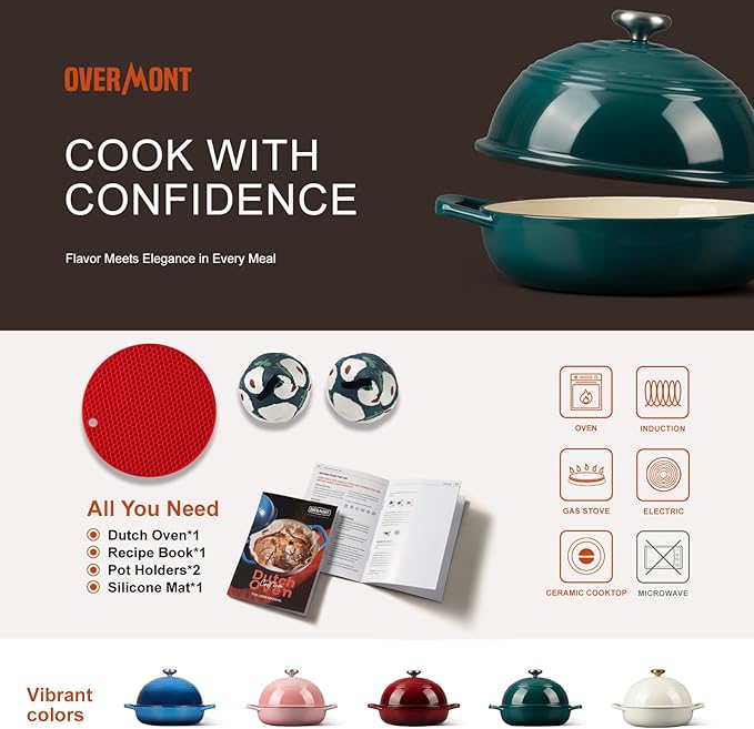 Overmont 6QT Enameled Cast Iron Bread Oven — Taller Body for Even Baking, Durable & Easy-to-Clean, Includes Dome Lid, Cotton Potholders & Cookbook, Perfect for Home Bakers & Sourdough Enthusiasts