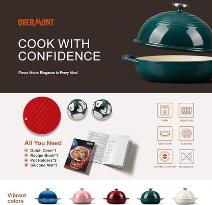 Overmont 6QT Enameled Cast Iron Bread Oven — Taller Body for Even Baking, Durable & Easy-to-Clean, Includes Dome Lid, Cotton Potholders & Cookbook, Perfect for Home Bakers & Sourdough Enthusiasts