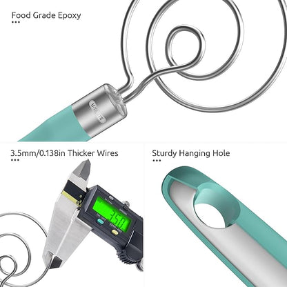 U-Taste 12.6in Danish Dough Whisk: 18/8 Stainless Steel Heavy-Duty Sourdough Mixer Tool, Food Grade Dutch Style Seamless Bread Wisk, Sturdy for Mixing, Stirring, Kneading Thick Batter (Aqua Sky)