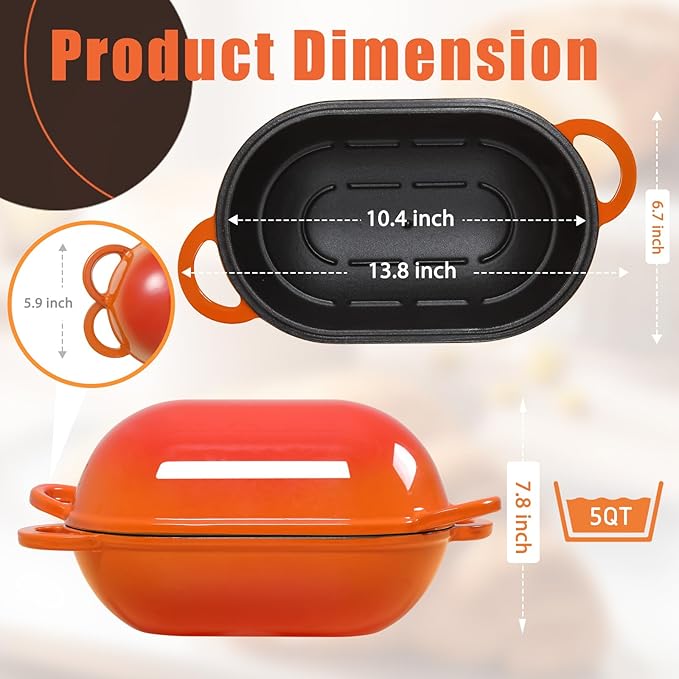 Enameled Cast Iron Sourdough Bread Oven, 5 QT Loaf Cast Iron Bread Pan with Lid, Oval Dutch Oven for Homemade Bread Baking, Meatloaf Pan with Lid (Orange)
