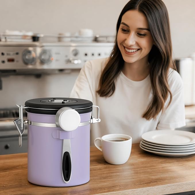 ShanSon Coffee Canister Airtight, Stainless Steel Bean Storage Container with Date Tracker & Scoop, Grounds Sugar Flour Tea Cereal Fits Kitchen Pantry, Ideal Gift for Coffee Lovers,16oz, Purple