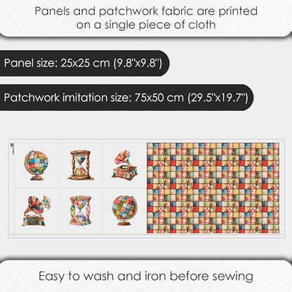 Patchwork Globe Cotton Fabric Panel – 6 Designs (10×10 inch Each) + Bonus Sheet 29.5×19.6 inch, 100% Cotton 140 GSM, Made in Türkiye