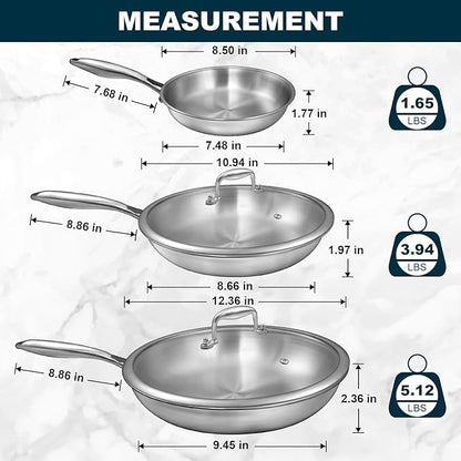 EWFEN Tri-Ply Stainless Steel Frying Pans Set with Lid, 8”/10”/12” Cooking pans, PFOA&PTFE Free Skillet, Induction Cooking Pan, Dishwasher and Oven Safe, Fast & Even Heat, Suitable for All Stove