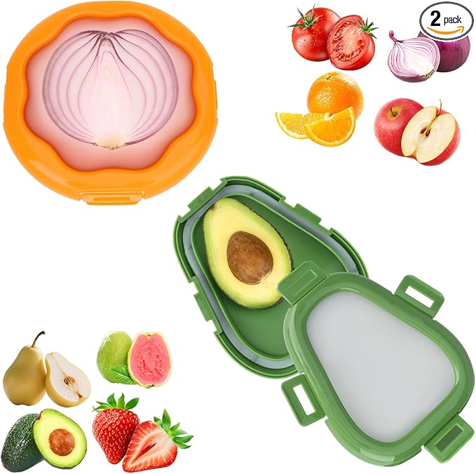 KMOSENIA 2pc Fruit Storage Containers for Fridge, Avocado Saver and Onion Storage Set, Reusable Silicone Food Storage Containers for Tomatoes, Lemons, and Potatoes (2)
