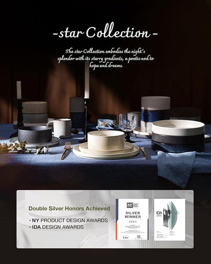 Famiware Star 24-Piece Plates and Bowls Set with Trim, Service for 8 - Stoneware Reactive Glaze Dinnerware, High Edge Ribbed Dishes, Chip & Scratch Resistant, Microwave & Dishwasher Safe, Deep Forest