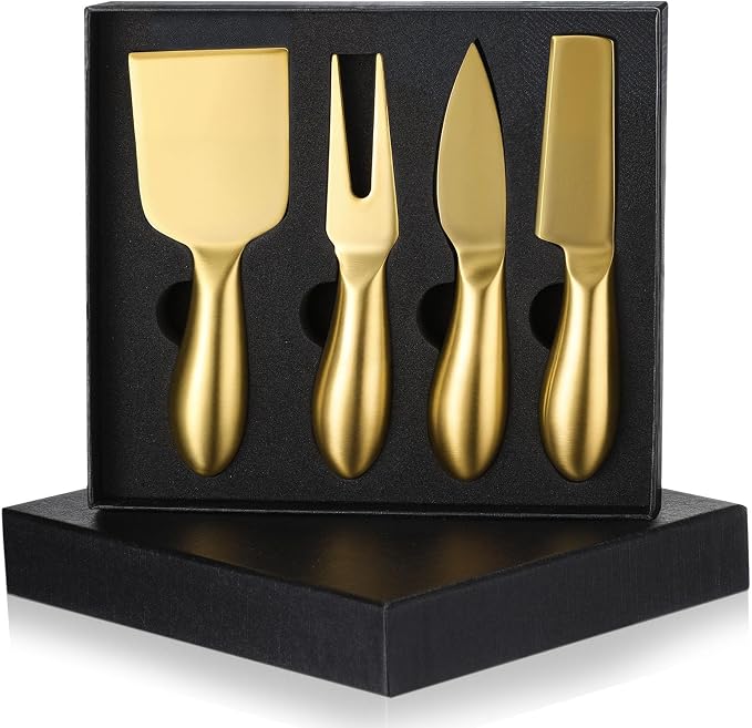 Funnymoom 4 Pcs Gold Cheese Knives Set Stainless Steel Cheese Tools with Slicer and Cutters for Kitchen Board Knife Set for Kitchen Summer Christmas Accessories Housewarming Gift