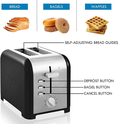 Kenmore 2-Slice Toaster, Black Stainless Steel, Extra Wide Slots, Bagel and Defrost Functions, 9 Browning Levels, Removable Crumb Tray, for Bread, Toast, English Muffin, Toaster Strudel