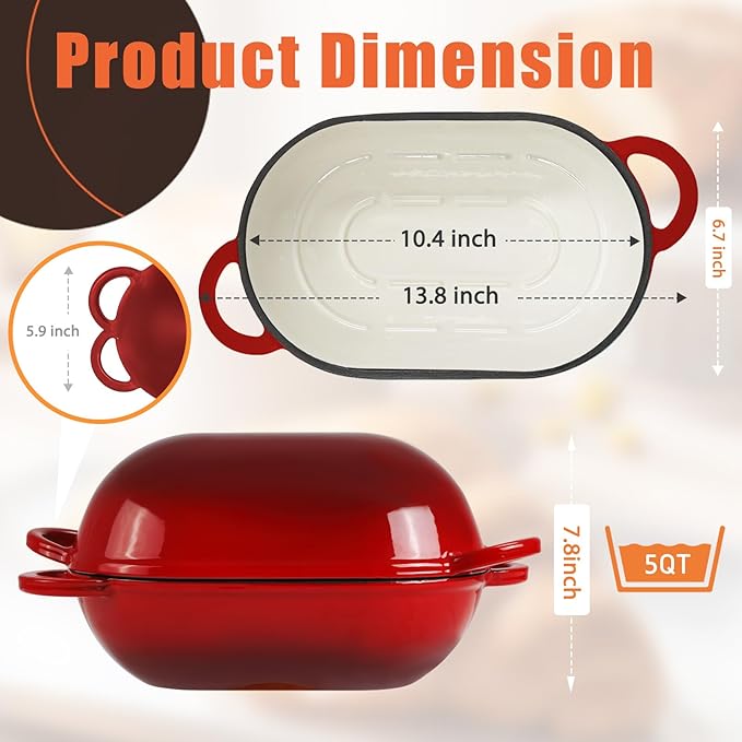 Enameled Cast Iron Oval Dutch Oven Pot with Lid, 5 QT Dutch Oven for Sourdough Bread Baking, Bread Loaf Pan with Lid & Bread Oven (Red)