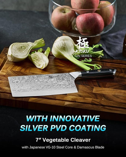 KYOKU 7" Japanese Damascus Meat Cleaver Chopping Knife,UPGRADED Chinese Vegetable Slicing Cutter with Silver Ion Coating,Sharp VG10 Asian Kitchen Cooking Cutting Chef Knife for Professional Home Chefs