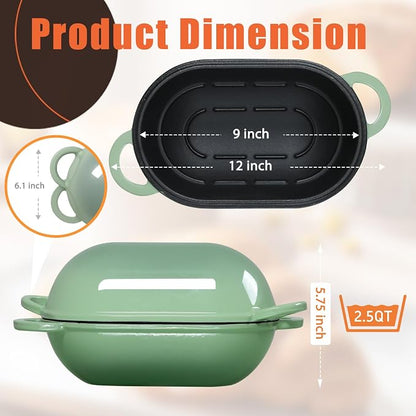 Enameled Cast Iron Sourdough Bread Oven, 2.5 QT Loaf Cast Iron Bread Pan with Lid, Oval Dutch Oven for Homemade Bread Baking, Meatloaf Pan with Lid (Fig Green)