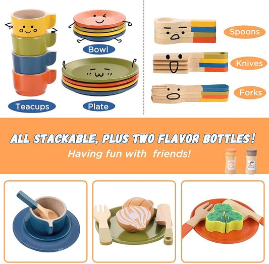 GAGAKU Wooden Play Food Sets for Kids Kitchen, Montessori Wooden Play Food Toys with Plates and Dishes for Toddler Boys & Girls Gifts