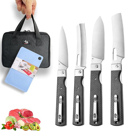 SENBON 440 stainless steel sharp set folding chef knife fruit knife carbon fiber handle camping barbecue outdoor portable kitchen knife with back clip