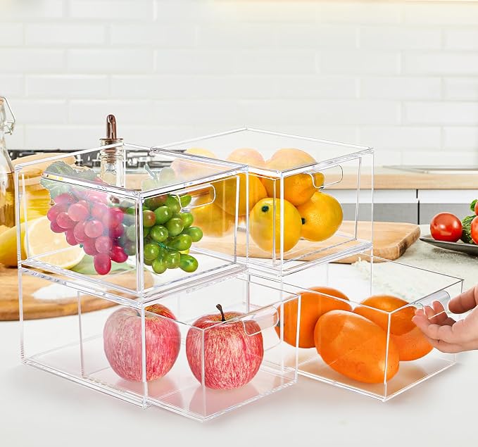 Foraineam 4 Pack Stackable Storage Containers Makeup Organizer Drawers, Acrylic Storage Bins with Pull-Out Drawers, Clear Plastic Cosmetic Display Case For Vanity, Cupboard, Pantry, Kitchen Cabinet