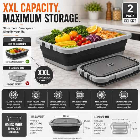 Pamper Paws 2-pack XL Collapsible BBQ Prep Tub with Cutting Board – Foldable Food Prep Container for Outdoor Cooking & Kitchen Use – Space Saving Collapsible Wash Tub, Portable BBQ Prep Tub (Black)
