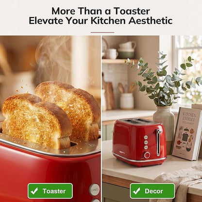 2 Slice Stainless Steel Toaster Retro with 6 Bread Shade Settings, Bagel, Cancel, Defrost Function, Extra Wide Slot, Removable Crumb Tray, Red