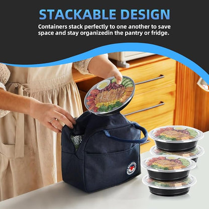 32oz Disposable Meal Prep Containers with Lids, 50 Pack (100 Pcs) Black Round Take Out Food Containers - Stackable Bento Boxes, BPA-Free, Microwave Safe, Bulk Lunch Containers
