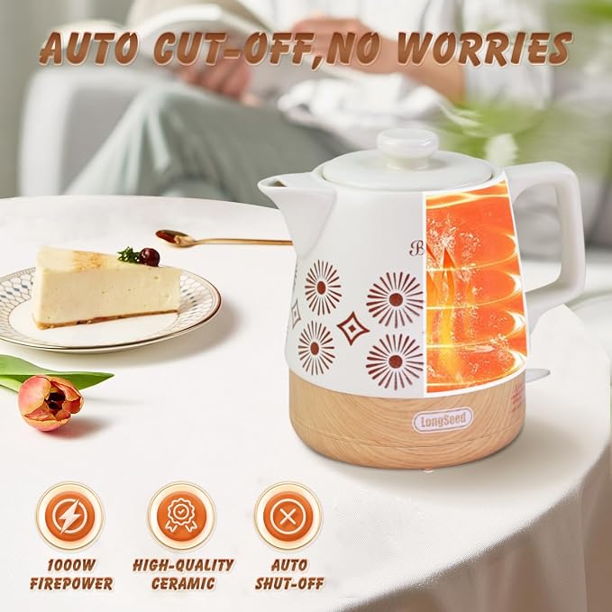 Ceramic Electric Kettle Pot 1.1 Quart, Boiling Water boiler, Teapot Automatic Shut-Off, BPA-Free, Rapid Boil For Coffee & Tea, Boil-Dry Protection, 1000W