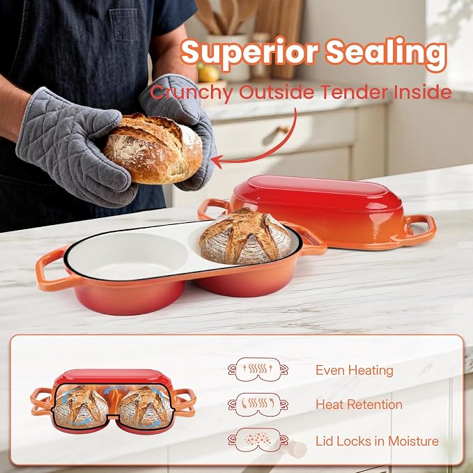 YONILL Mini Double Dutch Oven for Sourdough Bread Baking - Enameled Cast Iron Dutch Oven Pot with Lid and 5" Banneton Bread Proofing Basket Kit, Dual Round Bread Loaf Pan for Homemade Baking