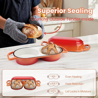 YONILL Mini Double Dutch Oven for Sourdough Bread Baking - Enameled Cast Iron Dutch Oven Pot with Lid and 5" Banneton Bread Proofing Basket Kit, Dual Round Bread Loaf Pan for Homemade Baking