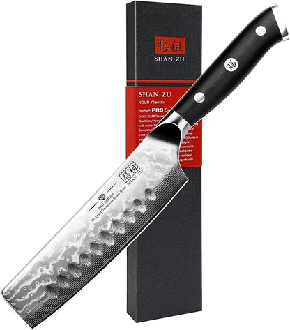 SHAN ZU Chef Knife, Damascus Professional Extra Sharp Kitchen Knife, Japanese High Carbon Super Steel Nakiri Knife with Ergonomic G10 Glass Fiber Handle