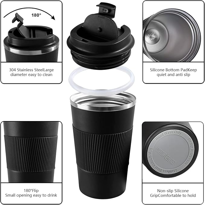 YINBAOGE Insulated Travel Coffee Mug, Spill & Leak Proof, Portable To Go Camping Stainless Steel Coffee Tumbler, Reusable Thermal Coffee Cup with Lid for Hot & Cold Drinks (Black, 17 OZ)