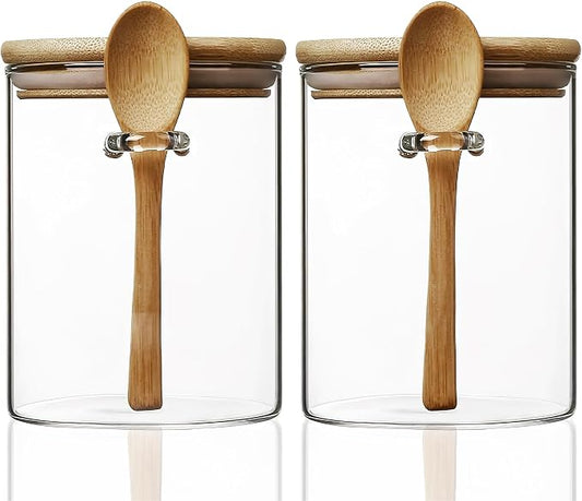 2 Pack Glass Storage Canister with with Airtight Lid, 15 oz/450 ml Small Clear Decorative Container Jar with Wooden Spoon for Coffee Spice Candy Salt Cookie Sugar Matcha Tea Overnight Oats