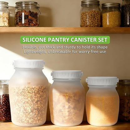 Silicone Pantry Canister Set with Lid for Dry Food Storage | Shatterproof & Lightweight | Twist-Off Lid, Wide-Mouth, Airtight, Collapsible for Space-Saving, Dishwasher Safe, 3 Pack (32oz/50oz/64oz)